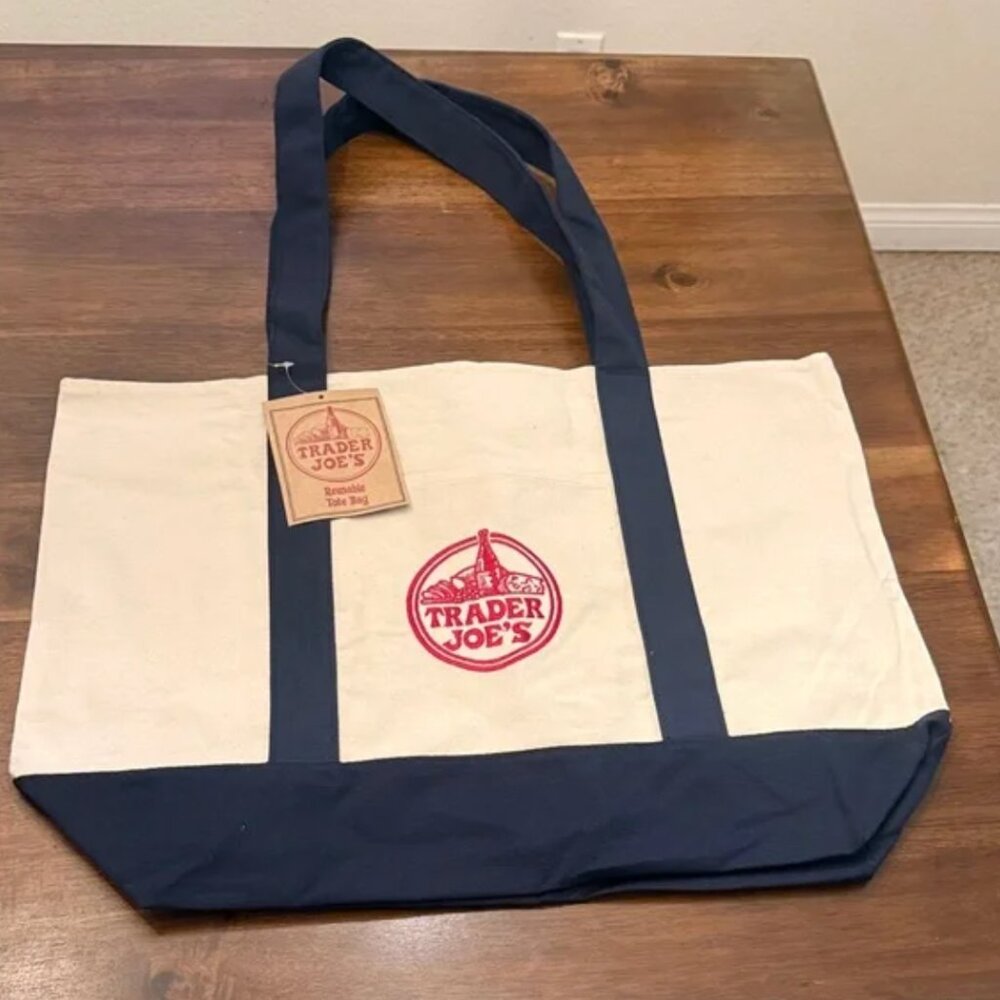 NWT! Trader Joes Tote Bag Blue Canvas Large 20” x 15” VIRAL! - Picture 2 of 8